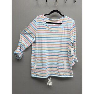 SunBay Pullover Womens Large Striped Pastel Drawstring Pocket Soft Top Shirt